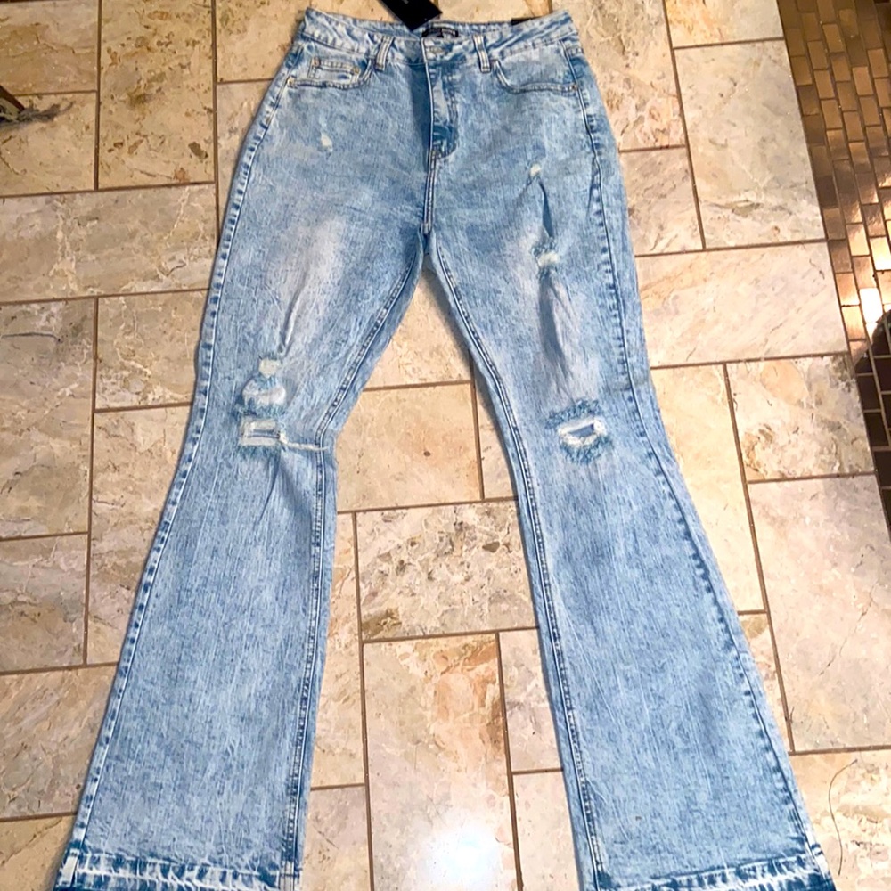 Acid wash flare jeans